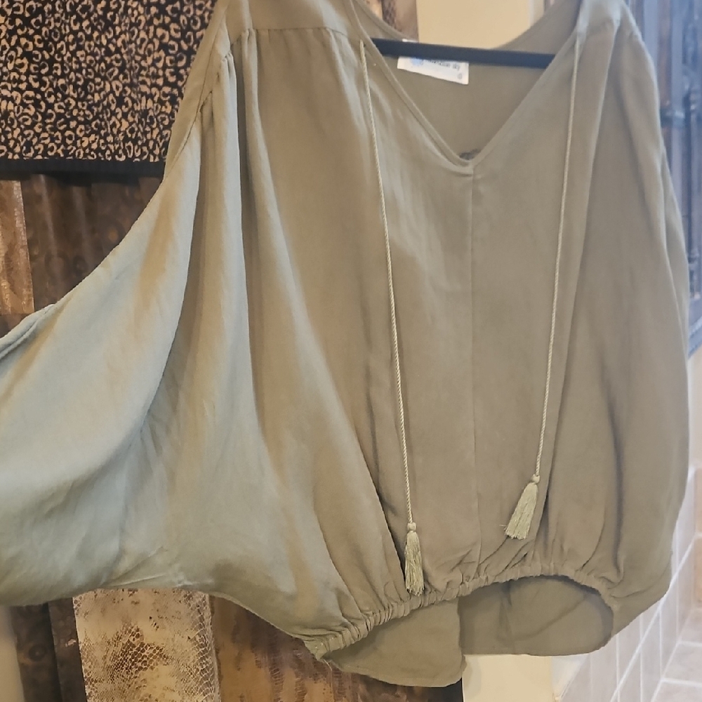 Elegant Olive Green Blouse with Tassel Accents